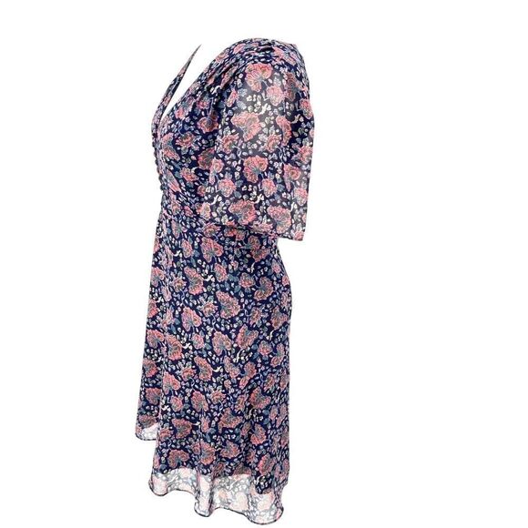Madewell Floral Chiffon Dress Size 0 V-Neck A-Line Navy Pink Boho Romantic Lined - Picture 4 of 13